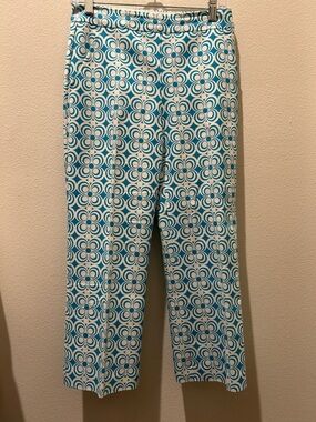 Trina Turk side zip Blue and White Geometric Print Crop Pants